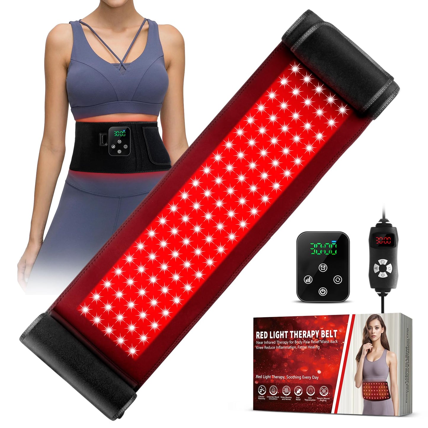 2-in-1 Cordless Red Light Therapy Belt, Wired & Wireless Controller 3000mAh Rechargeable Battery Magnetic LED Screen, 49" * 7" Wearable 660nm & 850nm Red Light Therapy Wrap Belt for Body