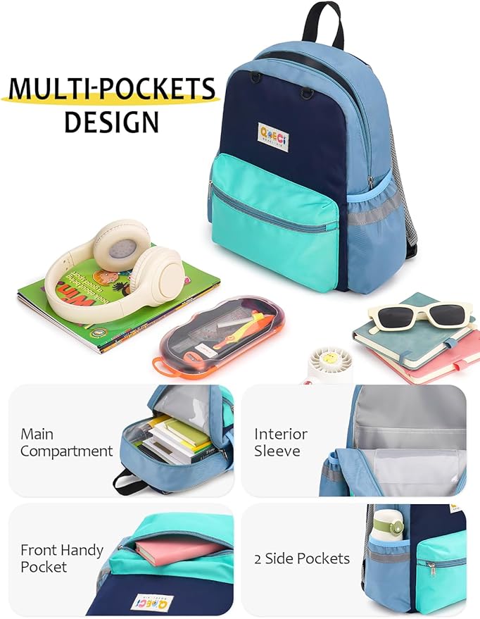 Kids Backpack for Boys Girls, Toddler Backpack for Preschool Kindergarten, 15inch Elementary School Bookbag with Reflective for Ages 6-8, Mint Blue
