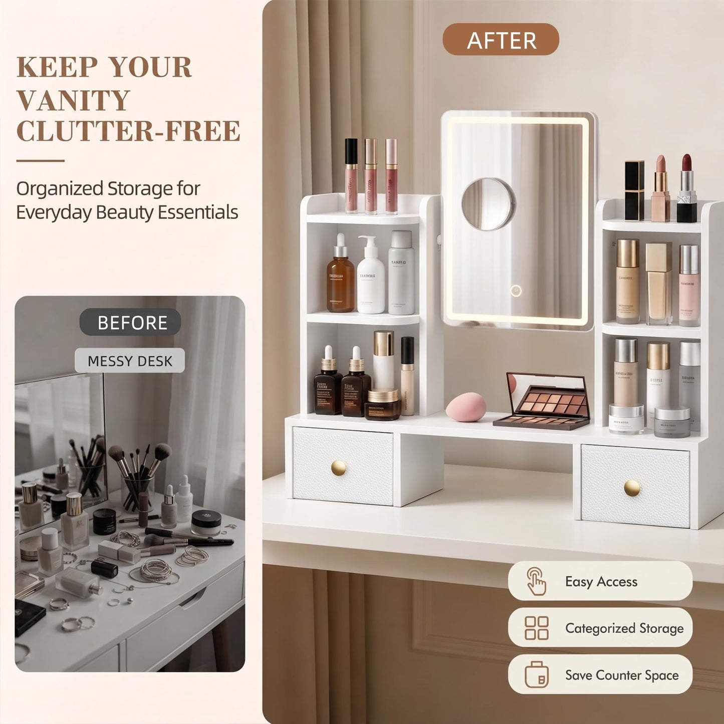 AFLUI Vanity Mirror with Lights, Makeup Mirror with Drawers and Storage