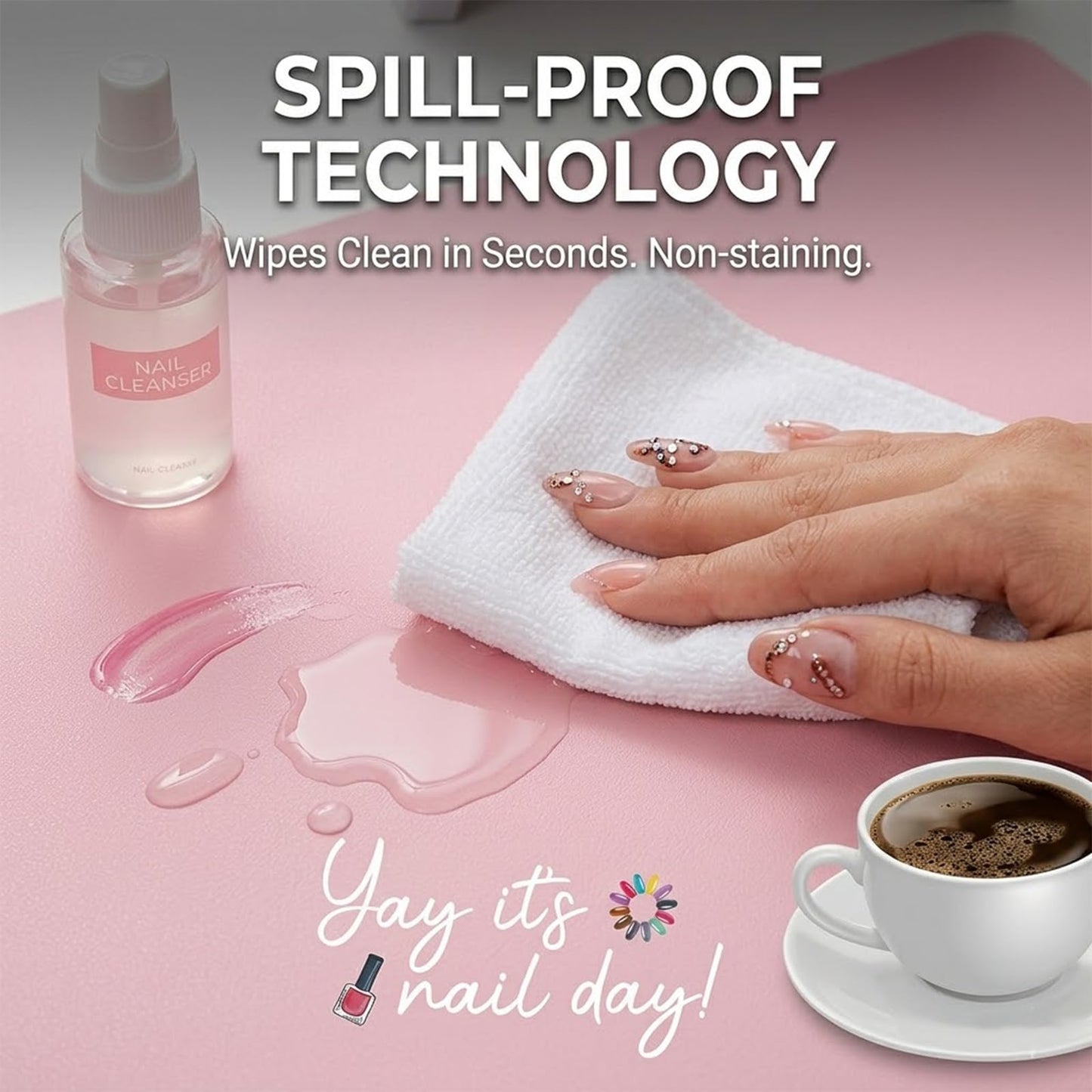 "Yay It's Nail Day" PU Leather Nail Art Table Mat (Mat Only) – Reversible Manicure Desk Protector & Arm Rest Pad for Acrylic Nails, Nail Techs, and Home Salons