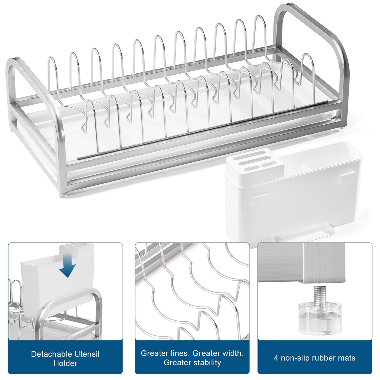 YEYPOP Dish Drying Rack for Small Kitchen Counter, 304 Stainless Steel Small Dish Rack w Utensil Holder & Tray for Limited Space, Rustproof Narrow Dish Rack for Pot & Pan, Plate, Lid (Silvery)