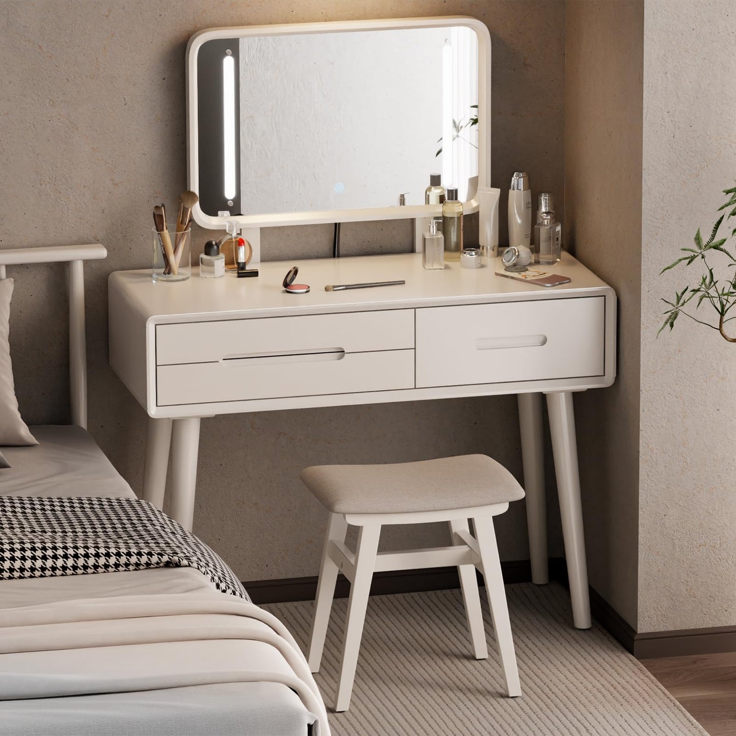 DONGMUWUJEE Solid Wood Small Vanity Stool Chair, Makeup Stools for Vanity Desk, Bathroom Vanity Chair, Padded Foot Stool for Living Room, Ottoman Foot Rest for Couch, Small Bench for Entryway, White
