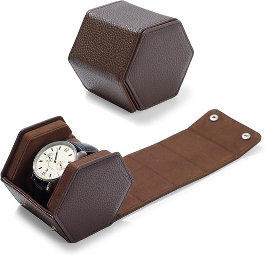 Oirlv Luxury Hexagonal Leather Watch Travel Case Single Watch Box for Men Portable Jewelry Storage Roll Organizer(1-Slot,Brown)