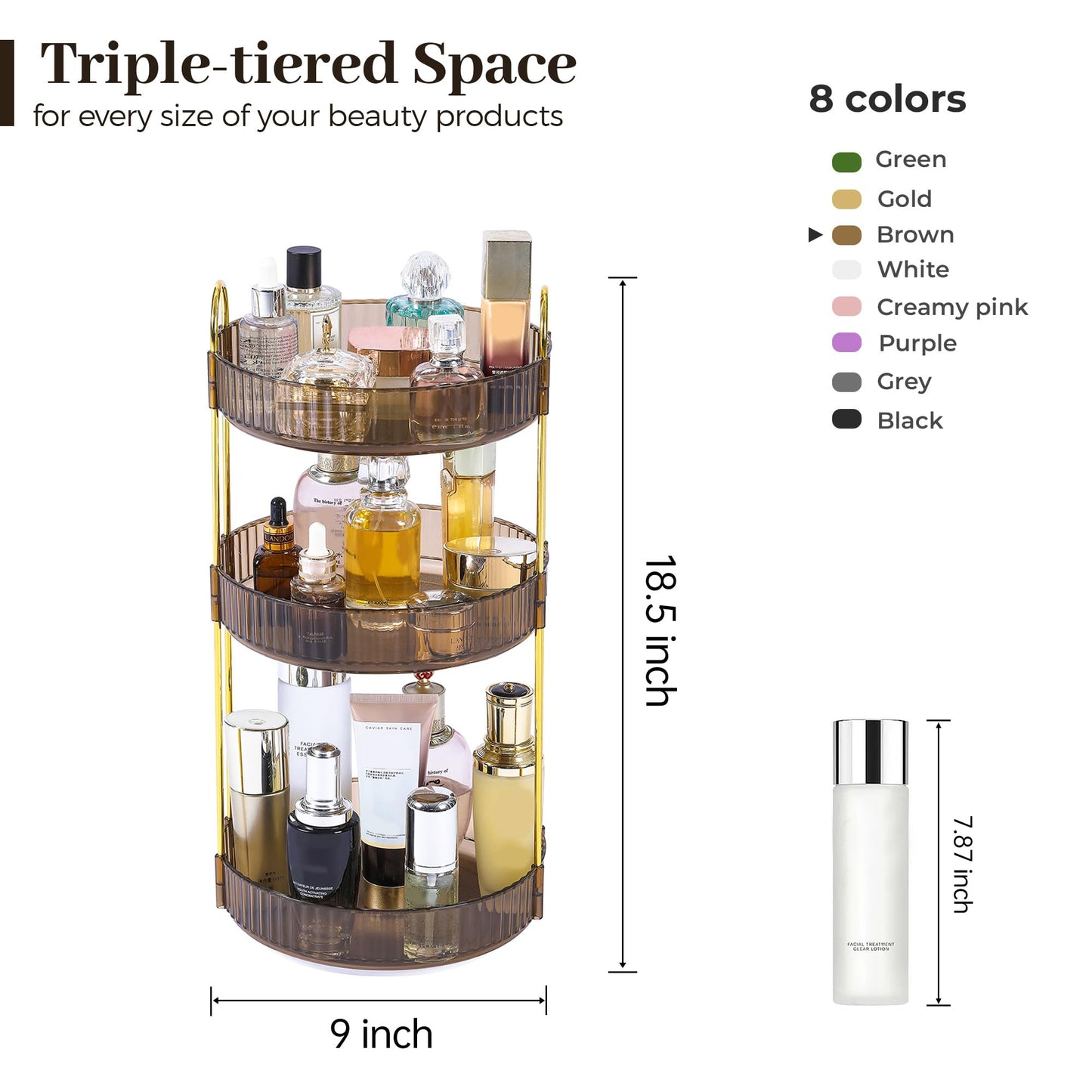 Aveniee Rotating Makeup Organizer for Vanity, 3 Tier Perfume Organizers and Storage for Bathroom Countertop, Clear Spinning Skincare Counter Shelf Holder for Dresser,Brown