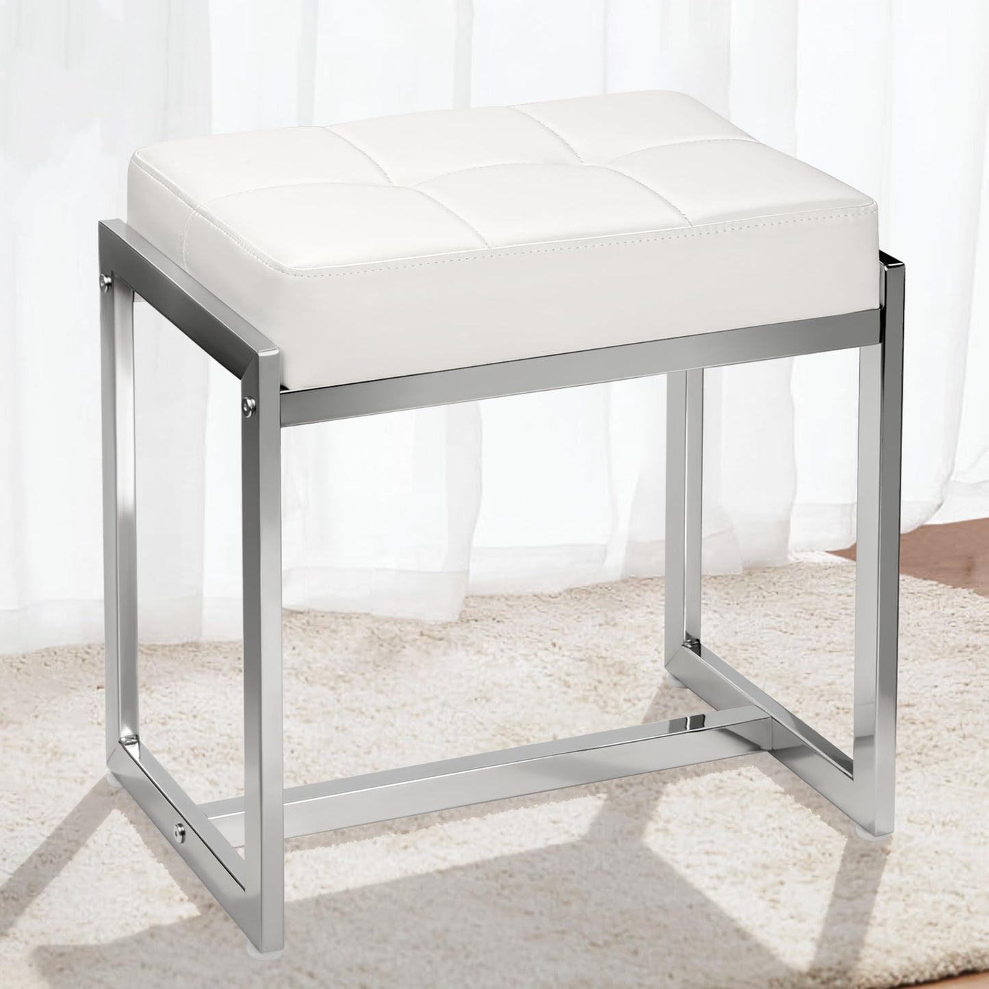 FLYZC Vanity Stool Chair, Modern PU Leather Ottoman Foot Rest for Vanity Bench with Silver Metal Legs, Multifunctional Chairs for Makeup, Bedroom, Living Room, Small Makeup Stools White&Silver