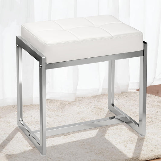 FLYZC Vanity Stool Chair, Modern PU Leather Ottoman Foot Rest for Vanity Bench with Silver Metal Legs, Multifunctional Chairs for Makeup, Bedroom, Living Room, Small Makeup Stools White&Silver