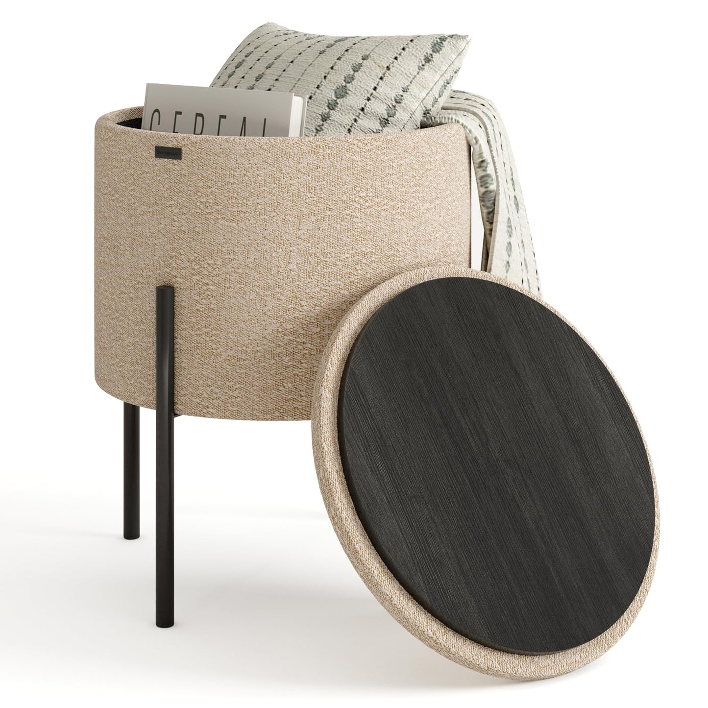 STORAGEBUD Round Ottoman with Storage, Boucle Storage Foot Stool, Makeup Vanity Stool, Small Ottoman Foot Rest, Modern Ottomans for Living Room and Bedroom, Beige