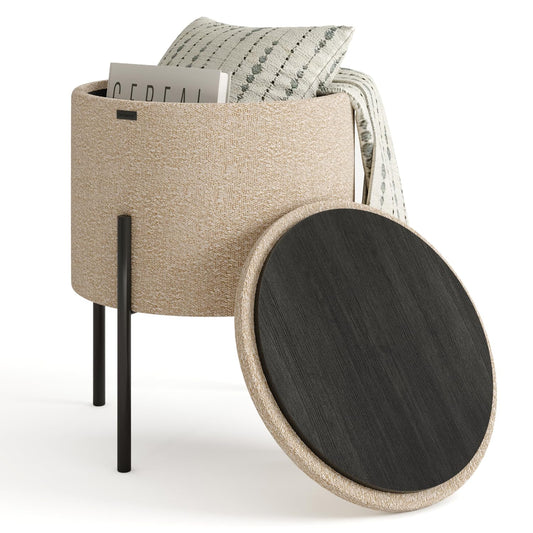 STORAGEBUD Round Ottoman with Storage, Boucle Storage Foot Stool, Makeup Vanity Stool, Small Ottoman Foot Rest, Modern Ottomans for Living Room and Bedroom, Beige