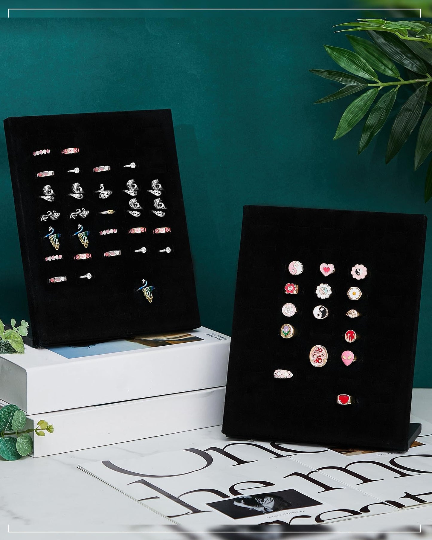Henoyso 4 Pcs Velvet Ring Display 50 Slots L-Shaped Ring Display Stand Tray Holder for Selling Earring Jewelry(Black)