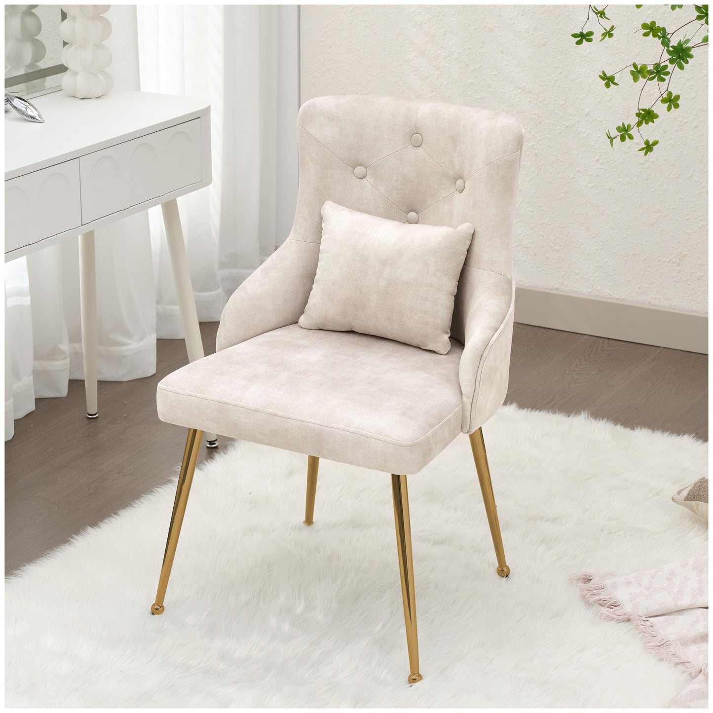 UDAX Velvet Vanity Chairs with Back, Upholstered Makeup Chair No Wheels with Metal Legs & Lumbar Pillow for Living Room/Makeup Room/Bedroom/Home Office/Kitchen