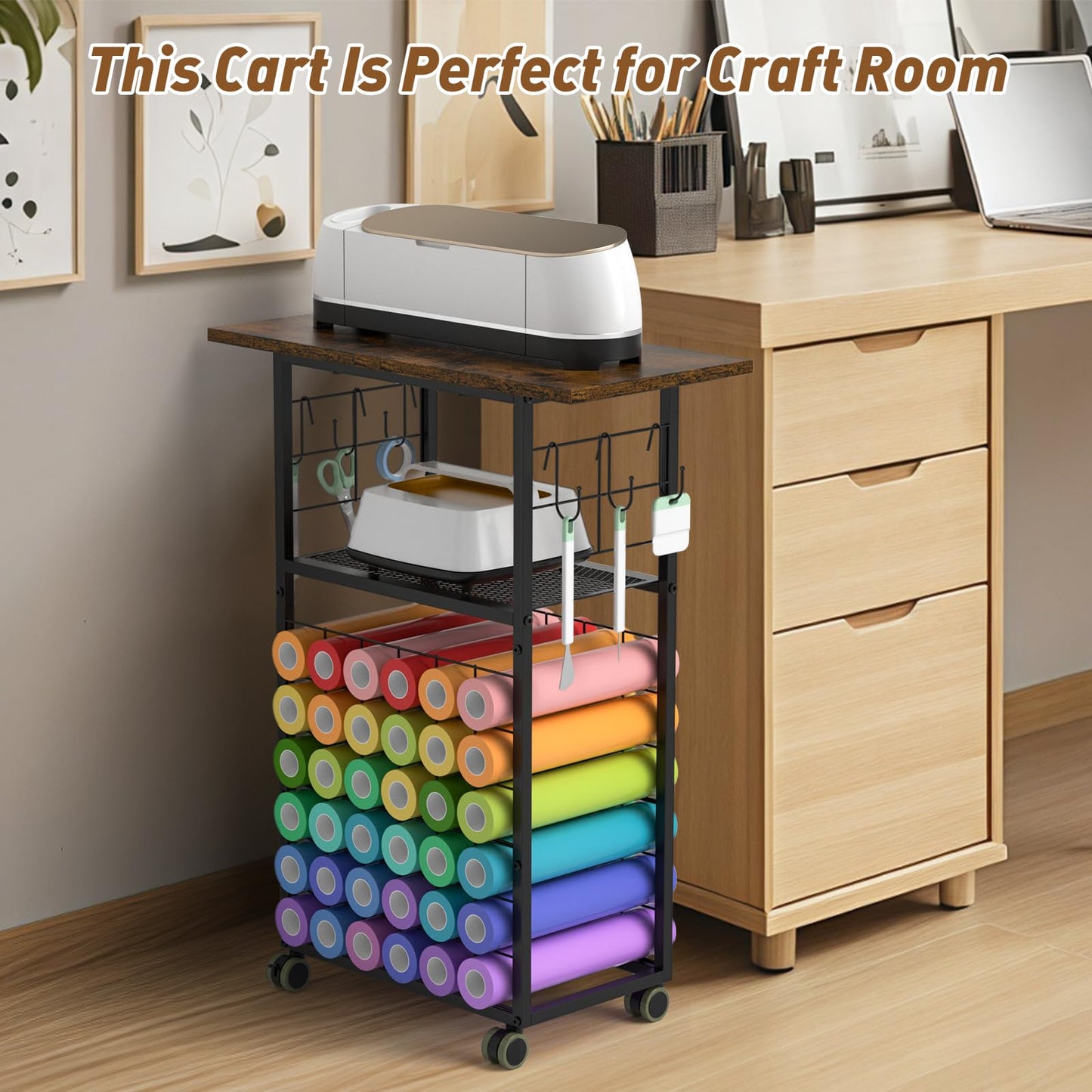 ikkle Rolling Craft Storage Cart with 36 Vinyl Roll Holders, Craft Organizers and Storage Compatible with Cricut Machines, Crafting Table Organization Workstation with Wheels for Craft Room