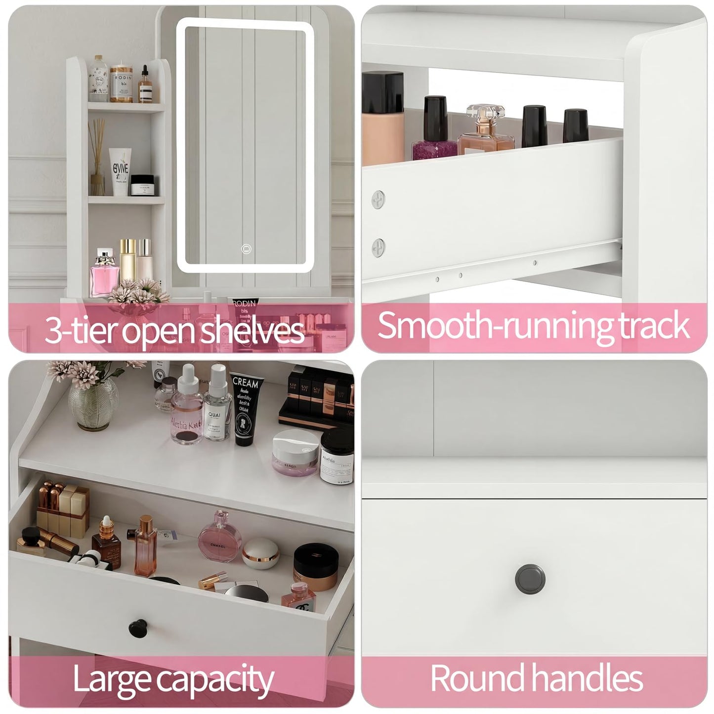 HAPPYMONT Small Vanity Desk with LED Light Mirror and Storage Bench, White