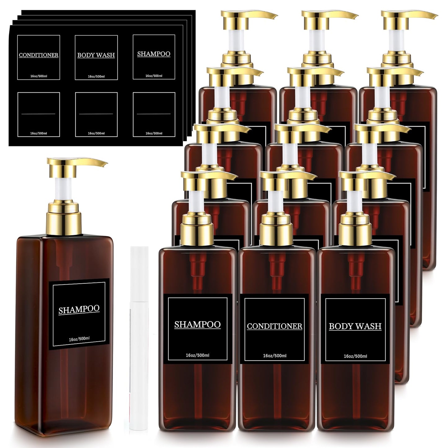 Gejoy 12 Pack Amber Shampoo and Conditioner Dispenser Bottles, 17 Oz/ 500ml Refillable Empty Pump Bottles with Labels and Marker Pen, Plastic Square Pump Dispenser Bottle for Bathroom Body Wash Shower