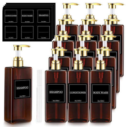 Gejoy 12 Pack Amber Shampoo and Conditioner Dispenser Bottles, 17 Oz/ 500ml Refillable Empty Pump Bottles with Labels and Marker Pen, Plastic Square Pump Dispenser Bottle for Bathroom Body Wash Shower