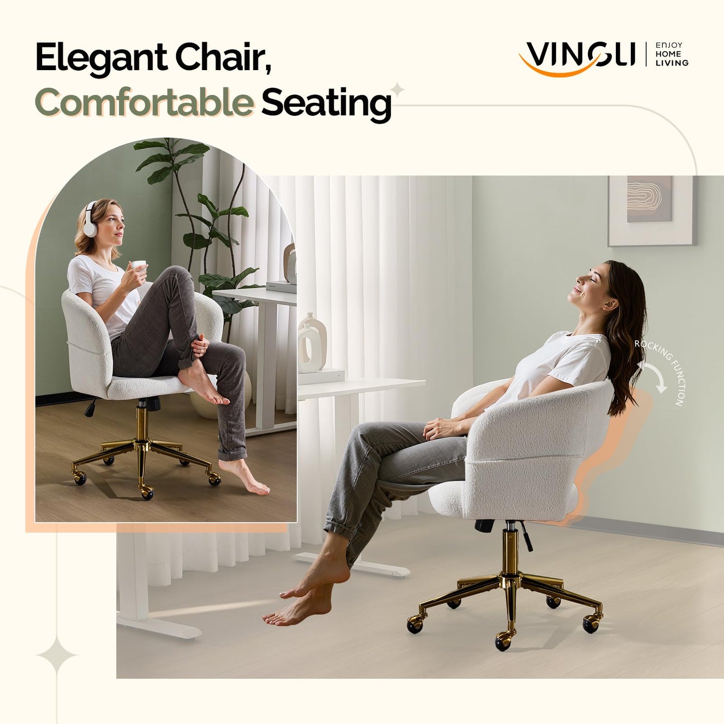 VINGLI Modern Curved Office & Vanity Desk Chair, Cute Upholstered Nail Chair with Wheels & 360° Swivel & Club & Tilting & Gold Base, for Bedroom, Living Room, Makeup, Velvet Chenille, White