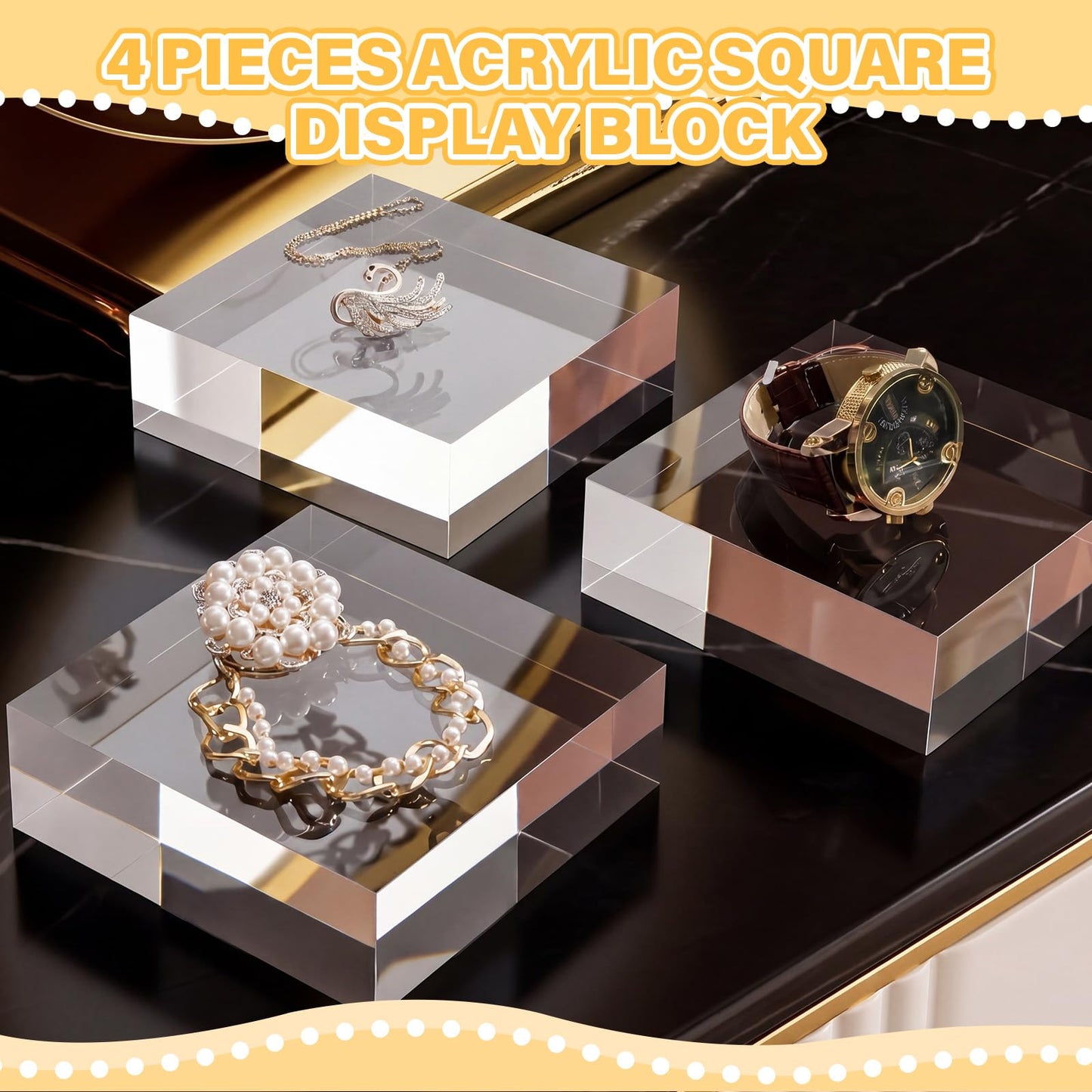 Qunclay 4 Pcs 6 x 6 x 2 Inches Acrylic Square Display Block Clear Polished Acrylic Cubes Jewelry Display Stand for Jewelry Ring Showcase Holder Base Collections