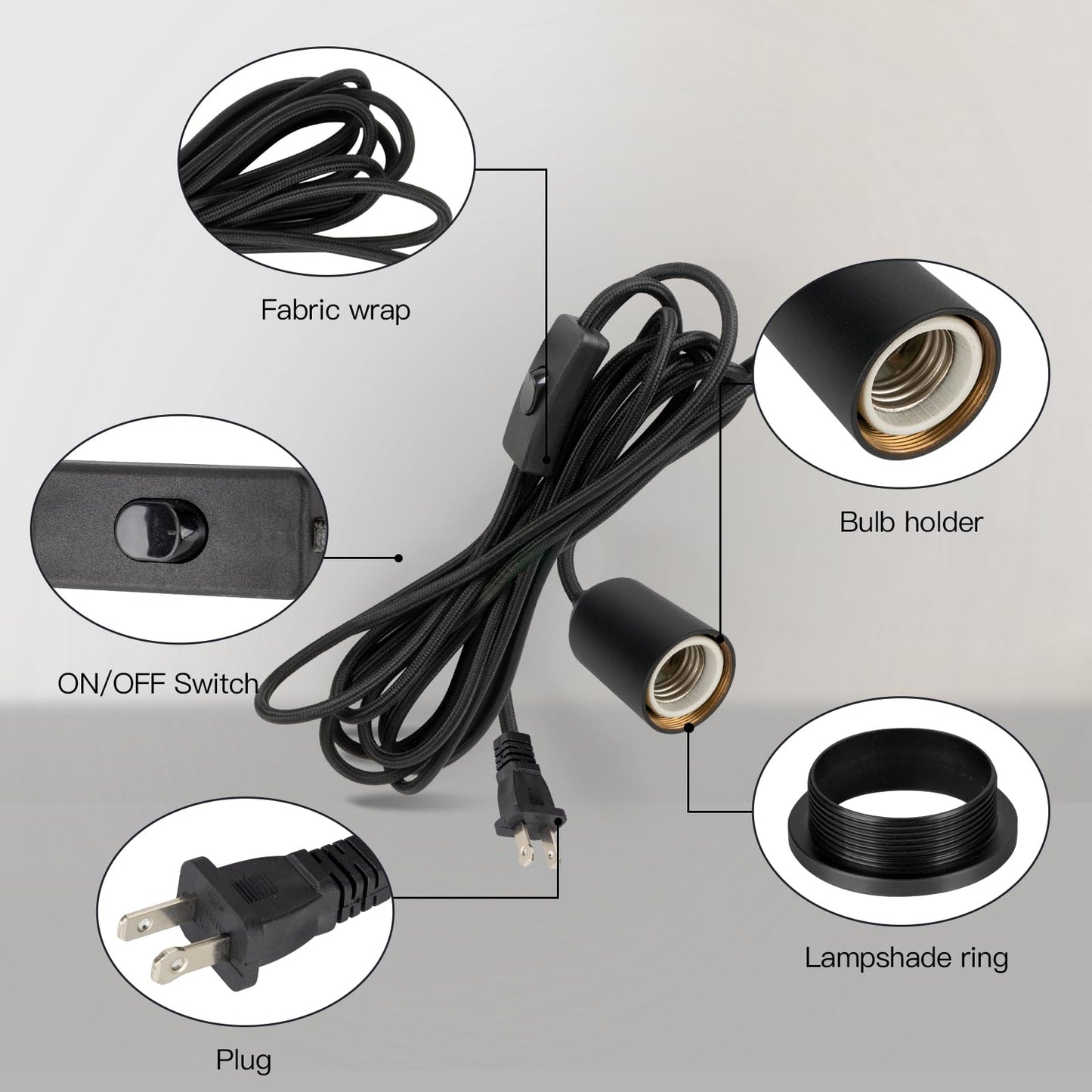 Hovnuyee Plug in Pendant Light Cord with Switch,Braided Hanging Lamp Kit with Ceramic Bulb Socket,DIY Lamp Shade Replacement Cord,Swag Light kit Fixture Fabric Wrapped Cable 15ft Black