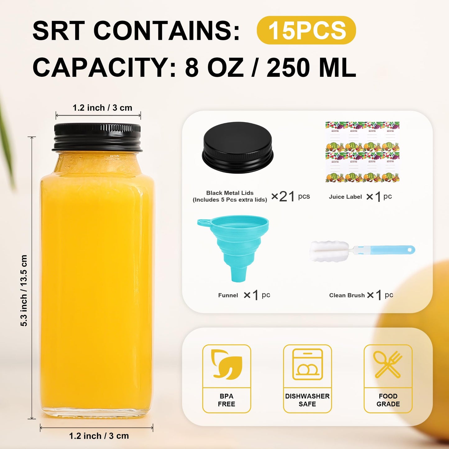 15 Pack 8 oz Glass Juice Bottles with Black Lids & Labels, Reusable Travel Juice Storage Containers, Clear Glass Drink Jars for Juicing, Water, Ginger, Wellness Shots - Leakproof, Dishwasher Safe