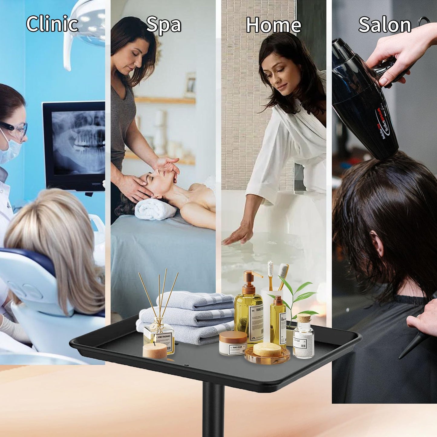 Salon Tray on Wheels, Salon Rolling Tray with Adjustable Height, Hair Stylist Tray, Salon Color Tray Ideal Use As Metal Mayo Stand Tray, Tattoo Tray, Medical Tray, Dental Tray（Black）