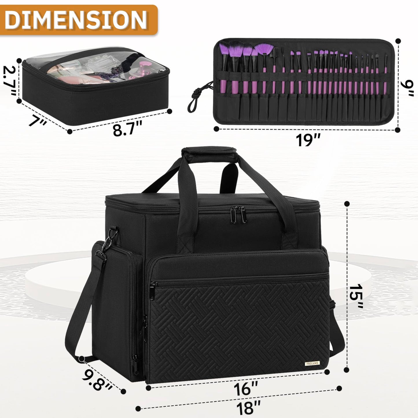FREEAMG Extra Large Makeup Case with 4 Removable Pouches, Professional Make up Train Case,Travel Cosmetic Bag for Makeup Artist with Shoulder Strap and Handle (Black)（Bag only）
