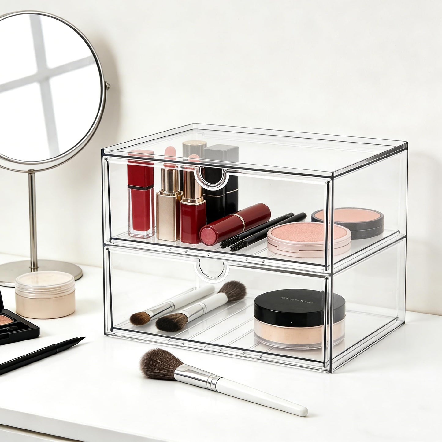 Prsildan Acrylic Makeup Organizer, 2 Pack Stackable Clear Storage Drawers for Baby Bottles Desk Organizers with 2 Drawers for Countertop Vanity Nursery Modular System for Cosmetics Jewelry