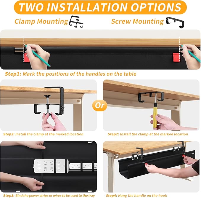 Under Desk Cable Management Tray, No Drill Desk Cord Organizer with Clamp, 48" Fabric Cable Management for Standing Desk Office & Home, Black