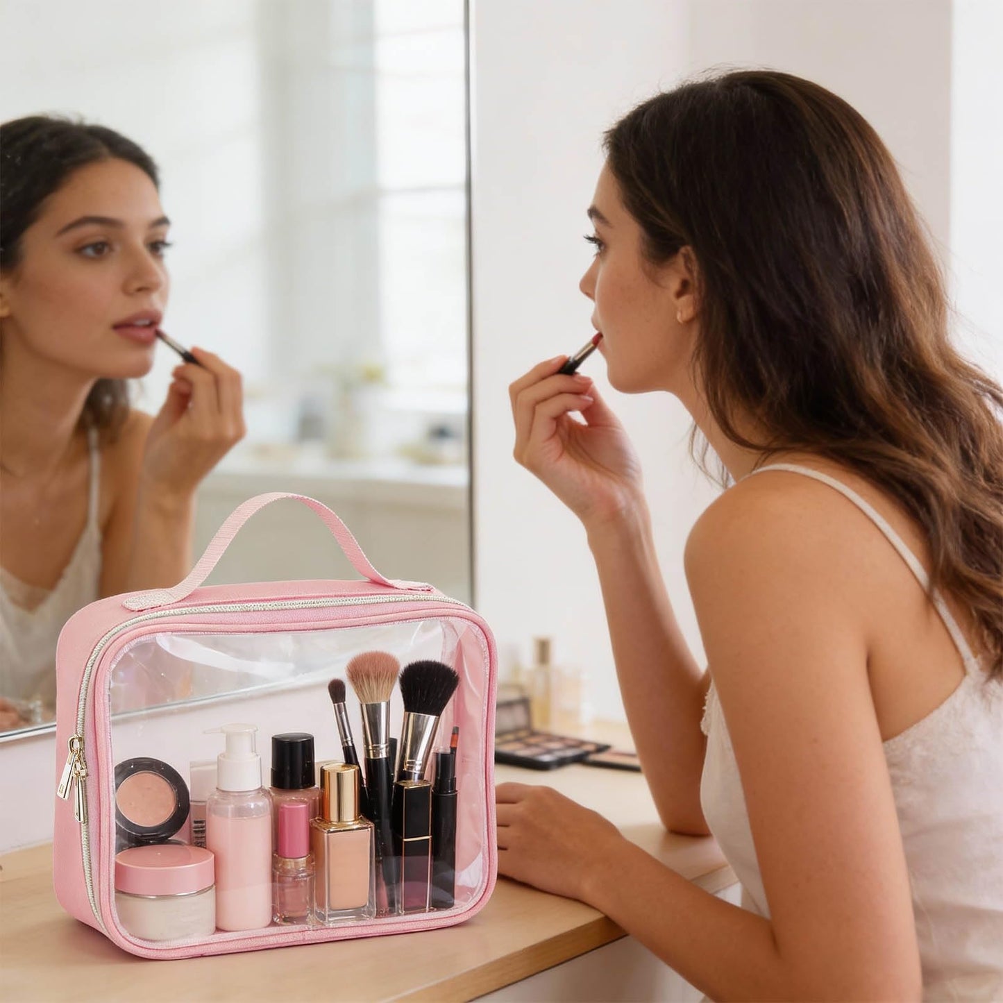 TREALDATE 3 Set of Clear Travel Bags for Toiletries,Clears Makeup-Bag Quart Size Travel Bag, Pink