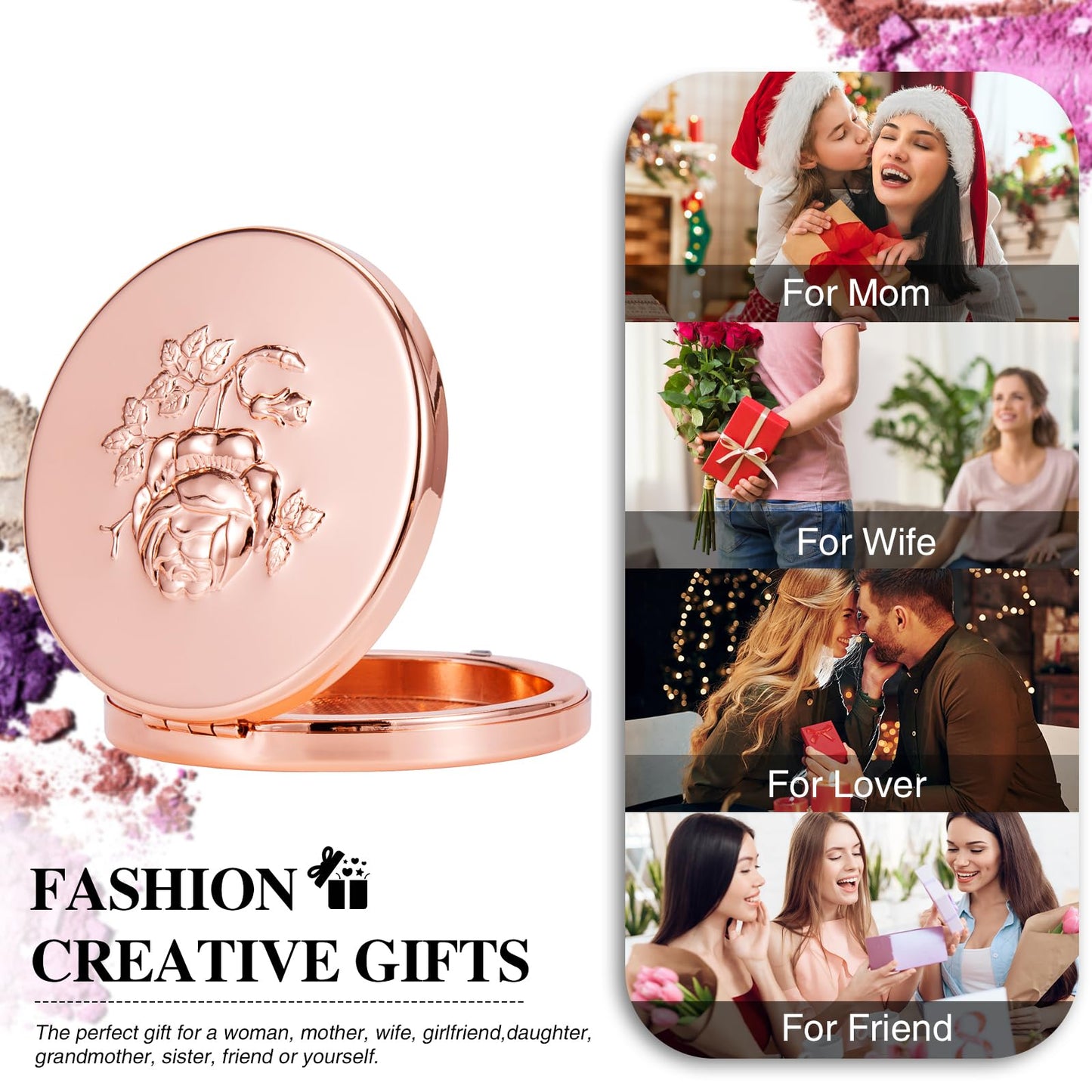 Fashion Creative Luxury Metal Beauty Sponge Case, Rose Gold Pattern, 7 cm Compact Mirror Case with Puff, Travel Makeup Powder Holder (Rose)