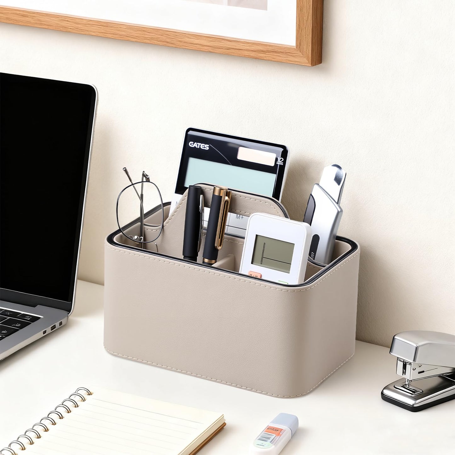 NICLNGSH Caddy Organizer with Handle, PU Leather Remote Control Holder Desk Caddy, Portable Makeup Remote Organizer for Table, Nightstand, Office (Beige)