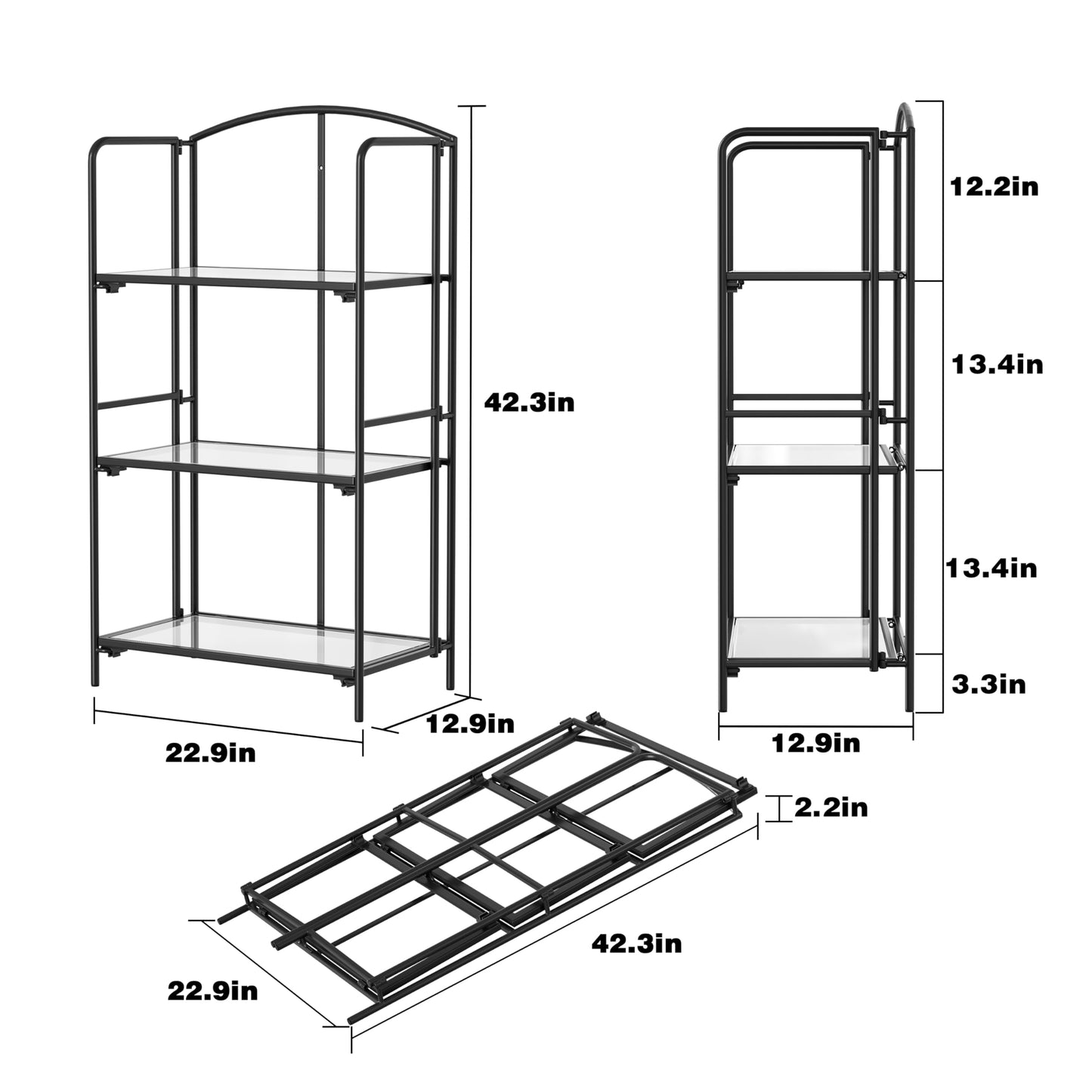Crofy 3-Tier Foldable Bookshelf, Black Frame & Transparent Shelves