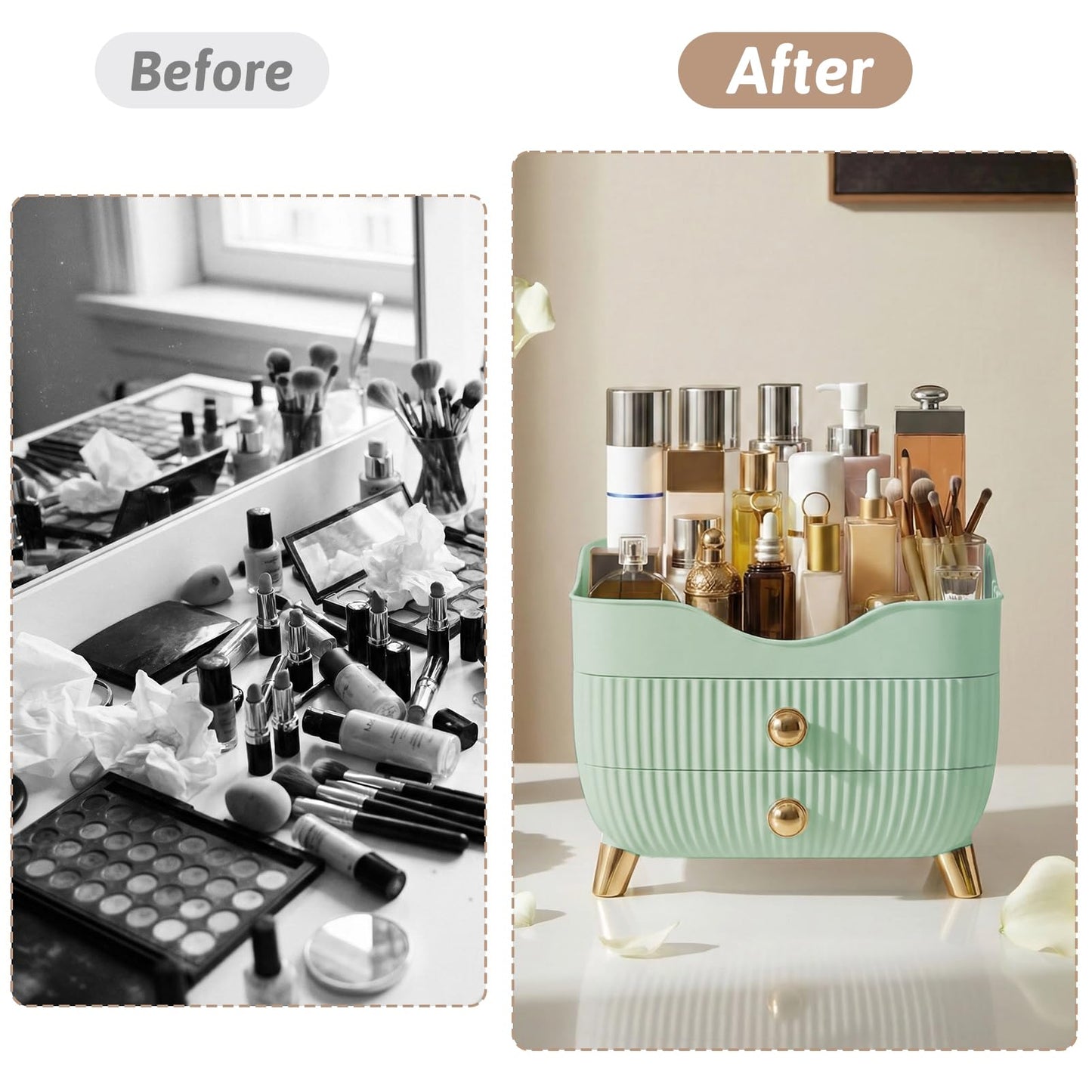 Makeup Organizer for Vanity, Large Capacity Skincare Cosmetic Organizer Countertop with 2 Drawers, Cosmetic Display Cases Makeup Storage Box for Bedroom, Bathroom, Ideal Gifts for Women(Green)