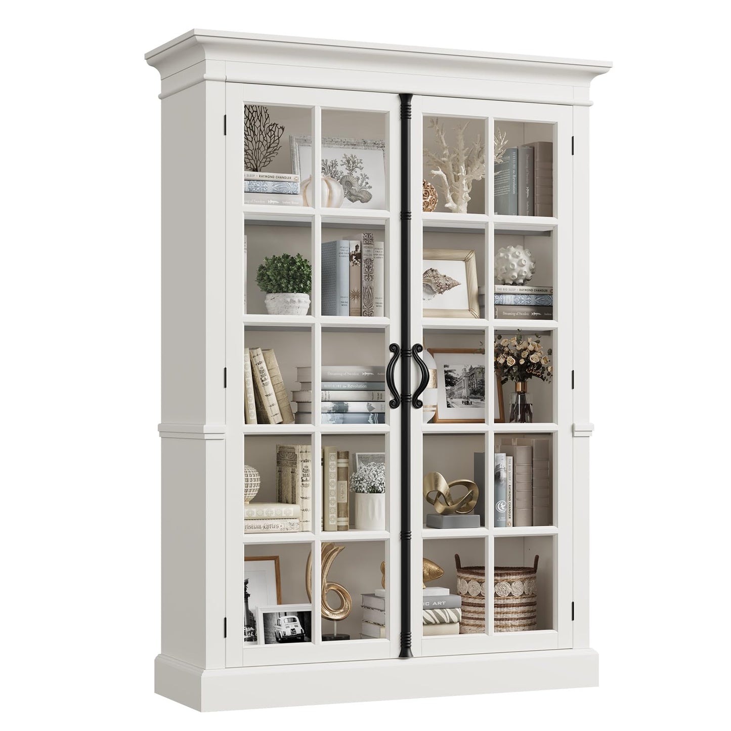 QUW Modern 65" Display Cabinet, 5-Tier Bookcase with Tempered Glass Door, Farmhouse Curio Cabinet with Adjustable Shelves, Tall Storage Cabinet for Office, Kitchen, Living Room, White
