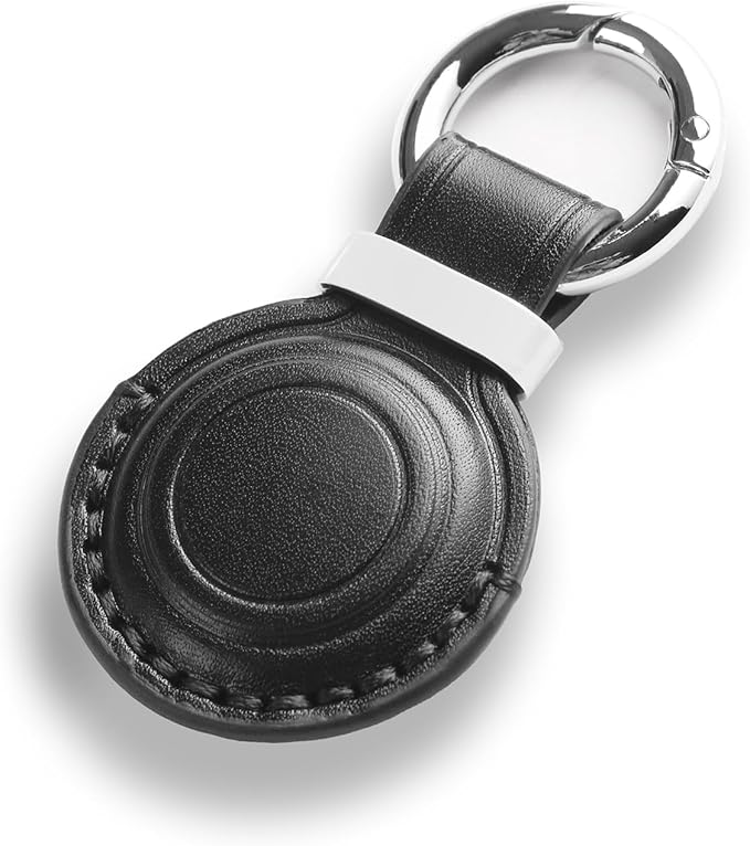 Genuine Leather Keychain Holder Compatible with AirTag - Secure Case Cover Key Ring Chain Fob Accessories Intended for Air Tag - Black