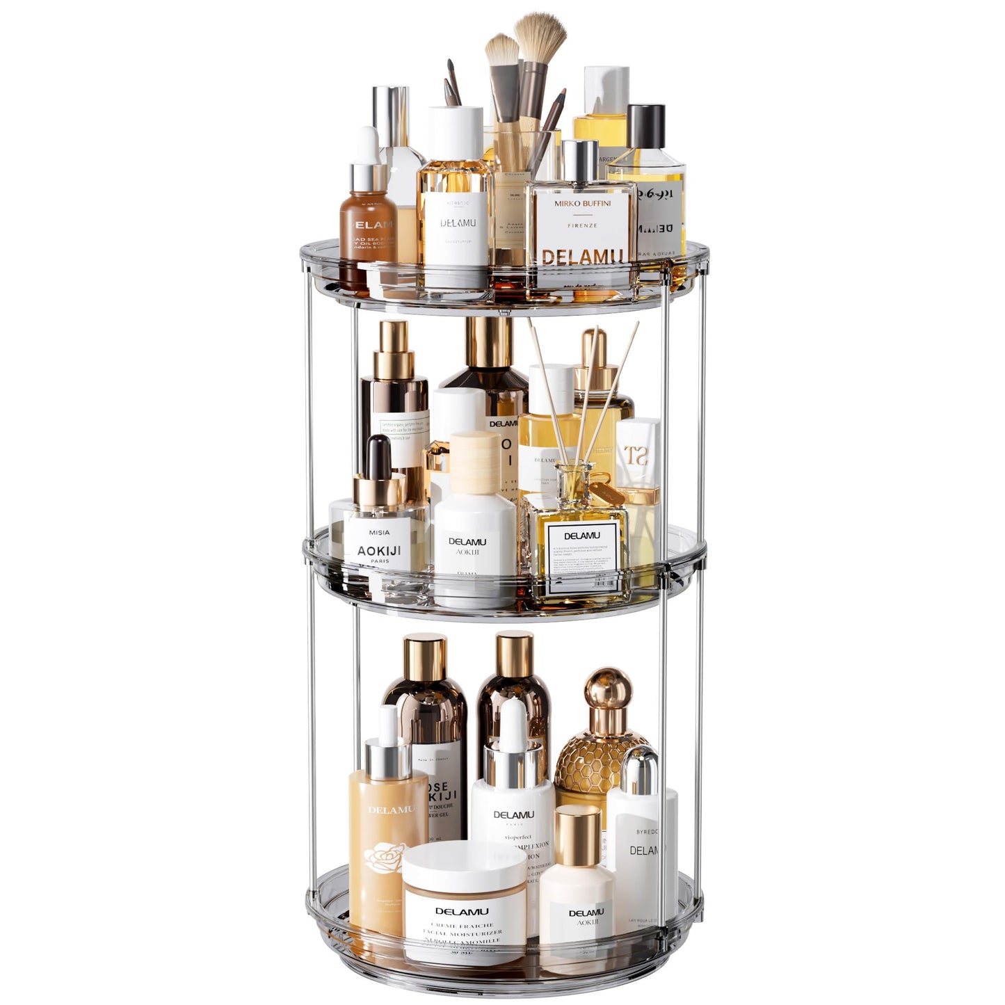 Delamu 3 Tier Rotating Makeup Organizer for Vanity, Skincare Organizer for Bathroom Counter, Spinning Perfume Organizer Cosmetic Holder with Large Capacity, Grey