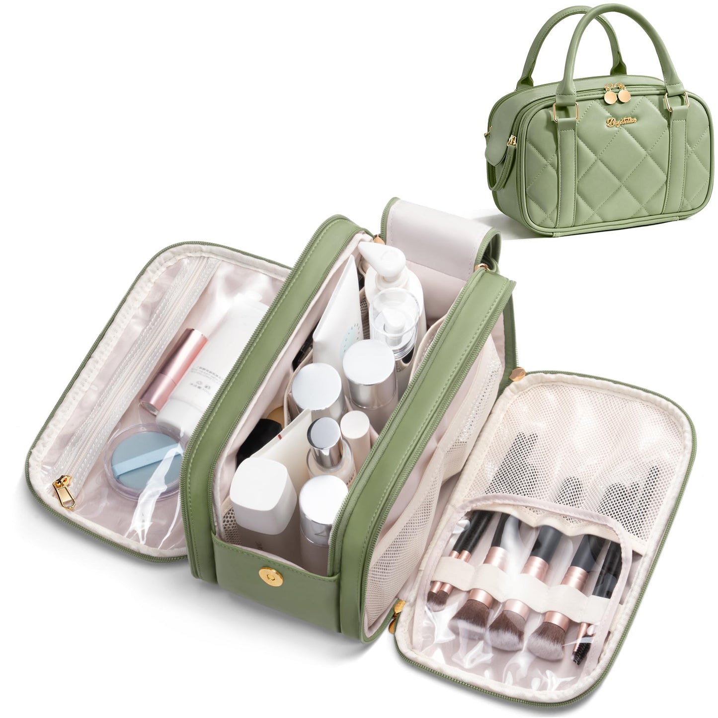 Bagstellar Travel Makeup Bag, Large Capacity Quilted Toiletry Bag for Women Stand-up Cosmetic Bag Open Flat Make Up Case Organizer Portable Pouch Purse w/Handle for Traveling Accessories, Sage Green