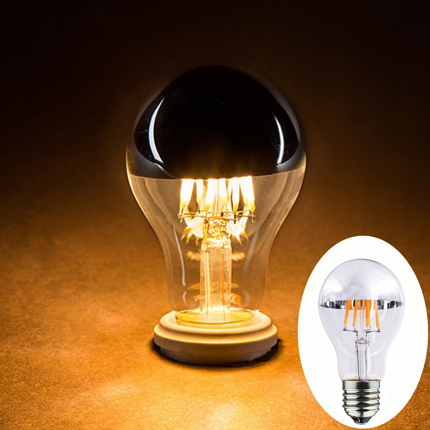 A19 Silver Half Chrome Light Bulb Dimmable 4W (Equivalent 40 Watt) LED Edison Bulb A60 Half Silve Dipped LED Bulb Globe Shape 2700K Warm White Decorative Mirror Light Bulb CRI 90+ E26 Base