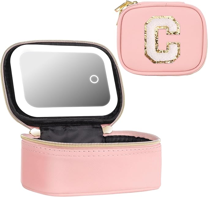 Mini Initial Makeup Bag With Led Mirror With Lights Gifts For Women Girls, Small Makeup Box For Travel Gift, Cosmetic Bag Make Up Organizer Personalized Bags Birthday Christmas Gifts For Womens (C)