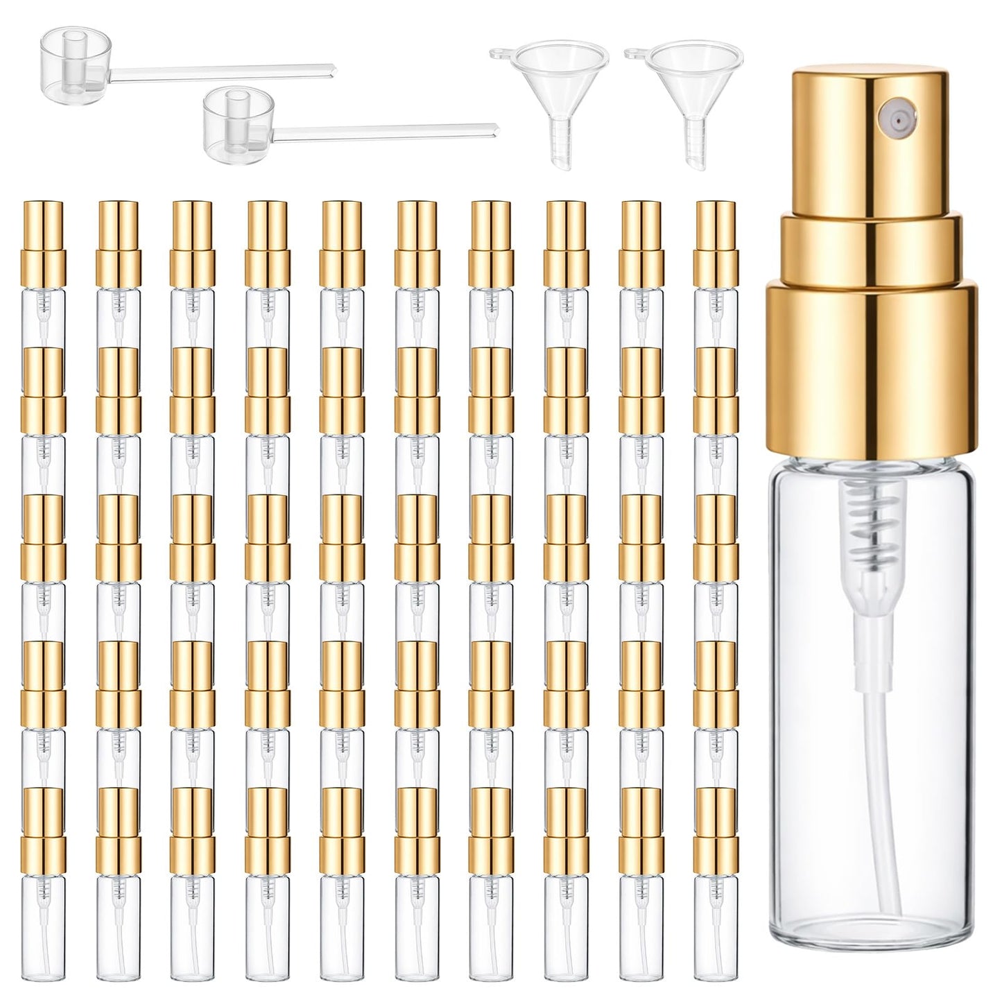 50 Pack 3ml Empty Mini Glass Spray Bottle,Mini Clear Spray Vials Portable Travel Sample Containers Glass Fine Mist Perfume Atomizer Empty Refillable Perfume Bottles with Gold Lids for Cleaning, Travel