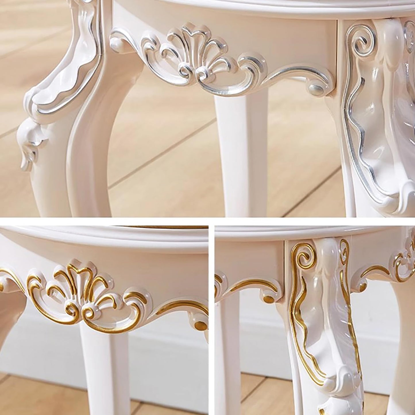 Lebolna Vintage Vanity Stool & Chair, Round & Rectangular Makeup Stool, Cute Ottoman Bench Seat, Victorian Style, Golden Velvet, 17 Inch Sitting Height