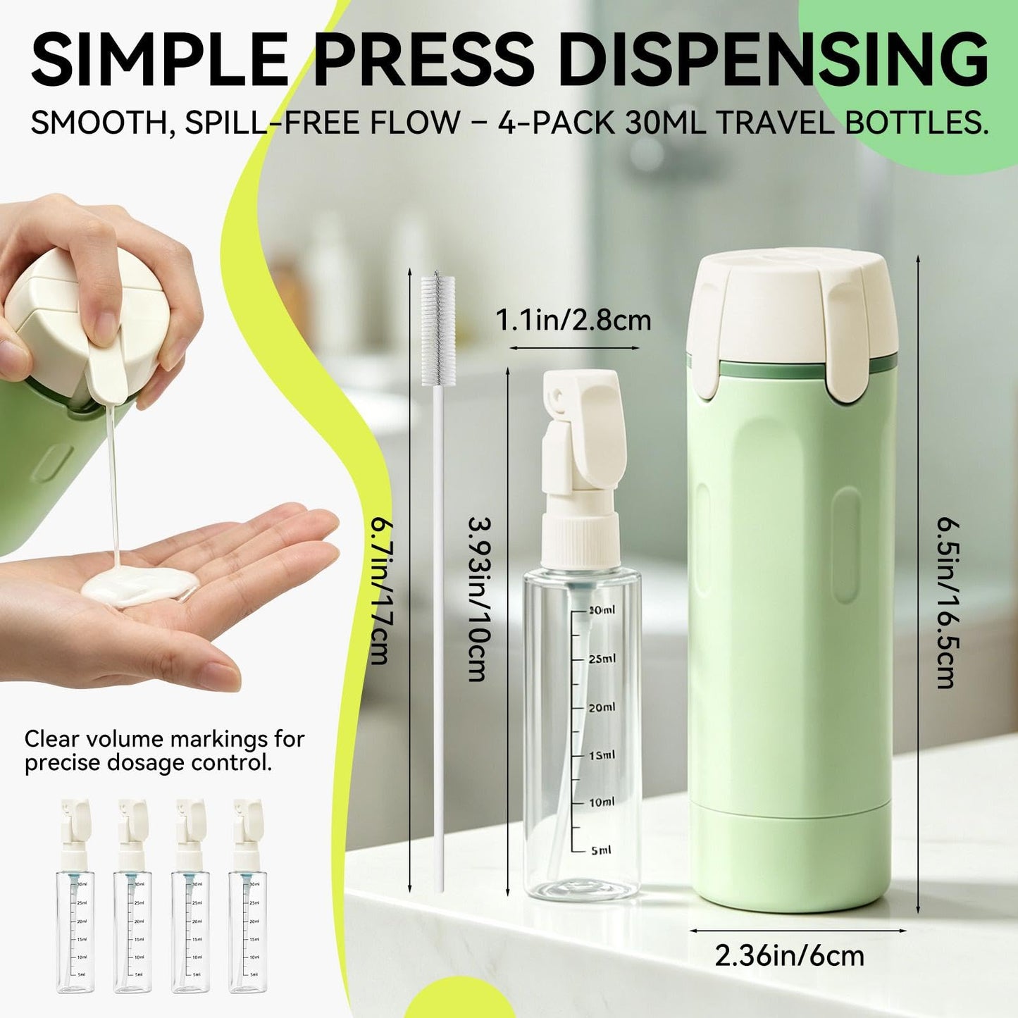 4 in 1 Travel Dispenser Bottles,4 Pack 30ML Leak Proof TSA Compliant Toiletry Containers with Pump,Refillable Portable Bottles for Shampoo,Conditioner,Lotion–Ideal for Vacation,Camping,Business Trip