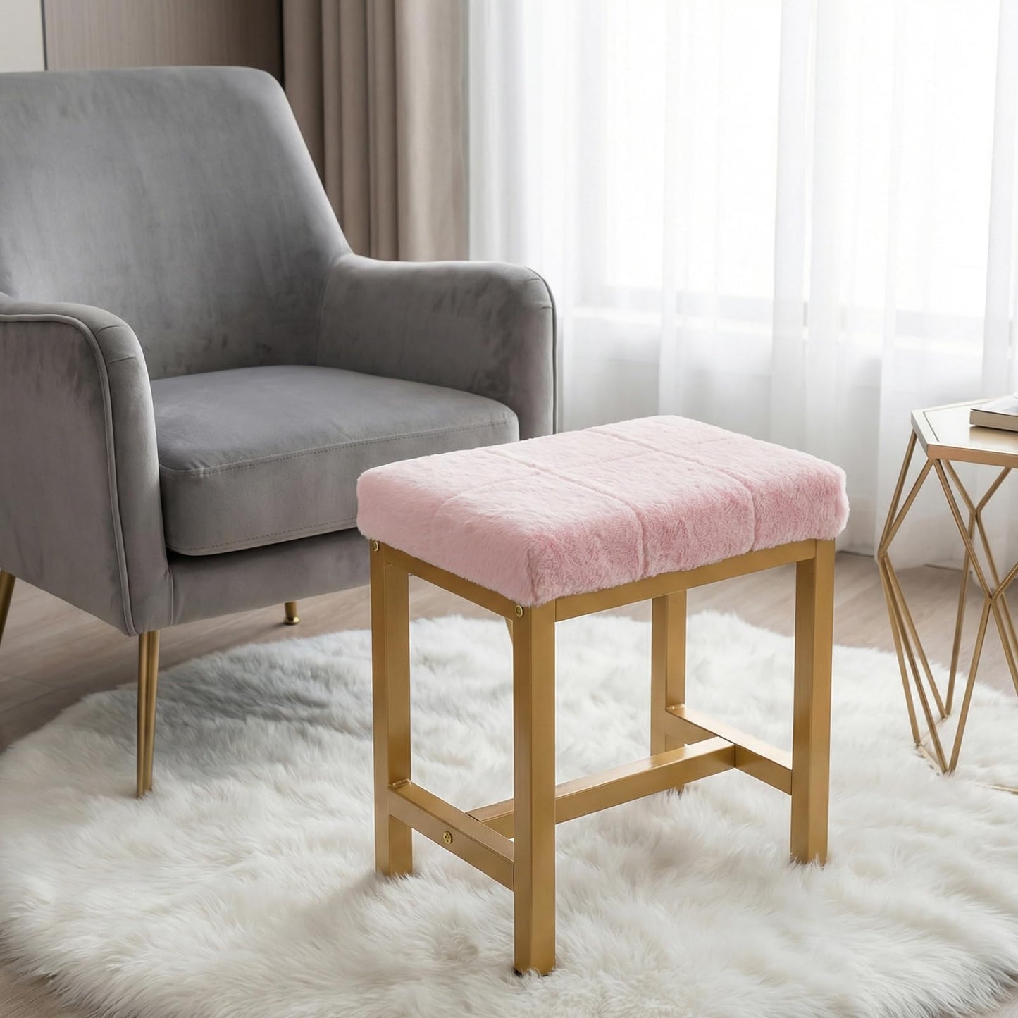 FLYZC Vanity Stool Chair, Square Faux Fur Makeup Chair with Metal Legs, Cute Small Ottoman Vanity Bench, Foot Stool Chair for Vanity for Bedroom, Living Room, Bathroom, Pink & Gold