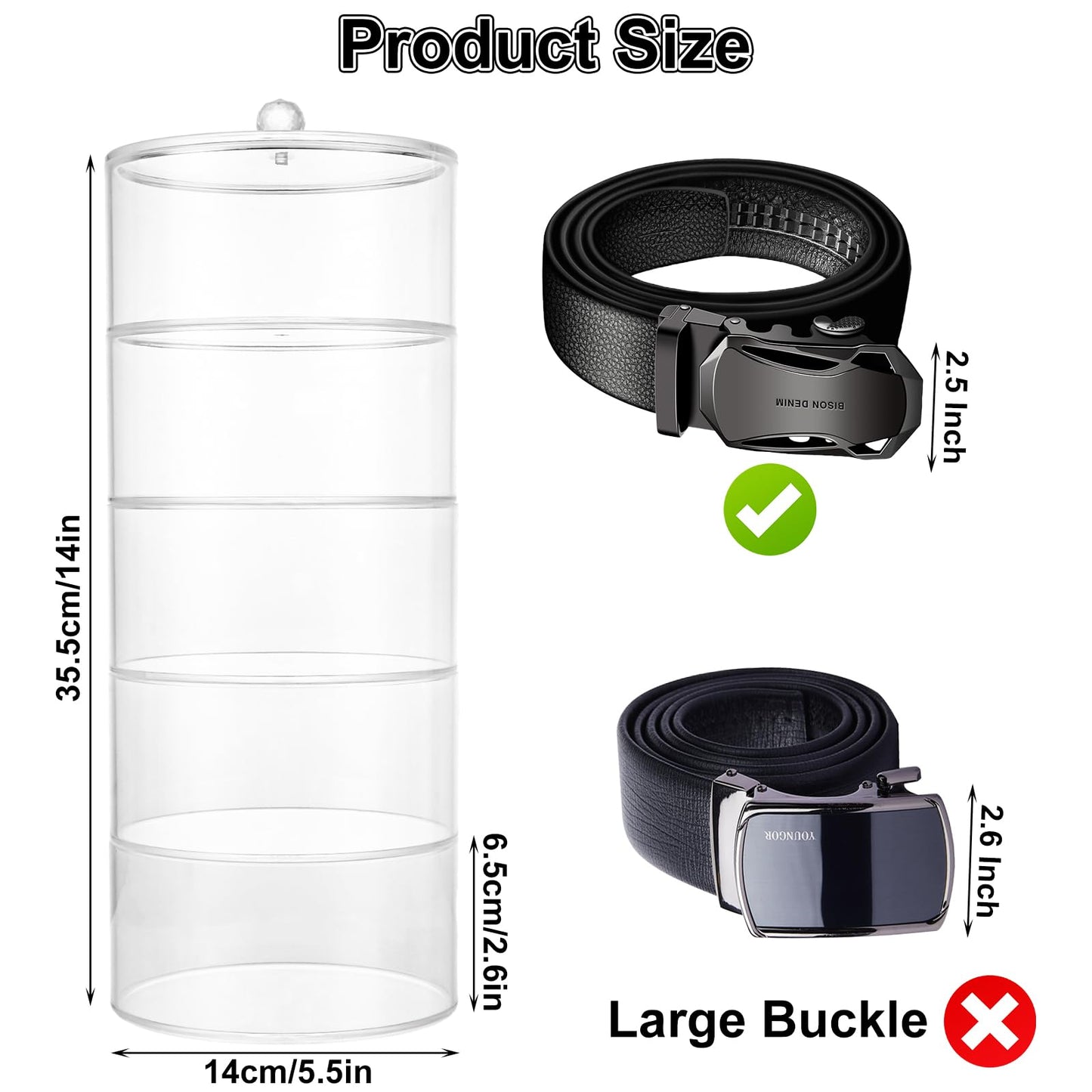 QTLCOHD 5 Layer Acrylic Belt Organizer, Clear Stackable Storage Box for Closet, Drawer, Belts, Watches, Jewelry and Accessories