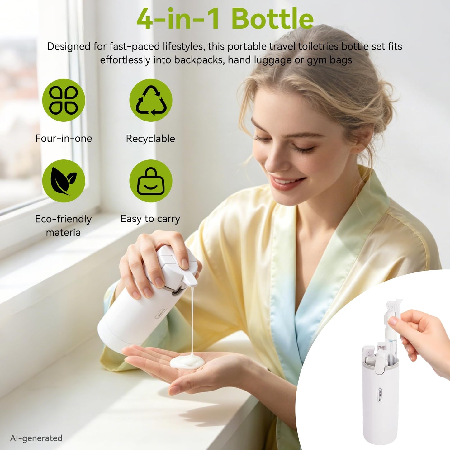 4 in 1 Travel Dispenser Bottle, 4 Pack 30ML Pump Bottle for Toiletries Leak Proof Travel Size Containers, Portable Containers for Shampoo Lotion Conditioner Cream (White)