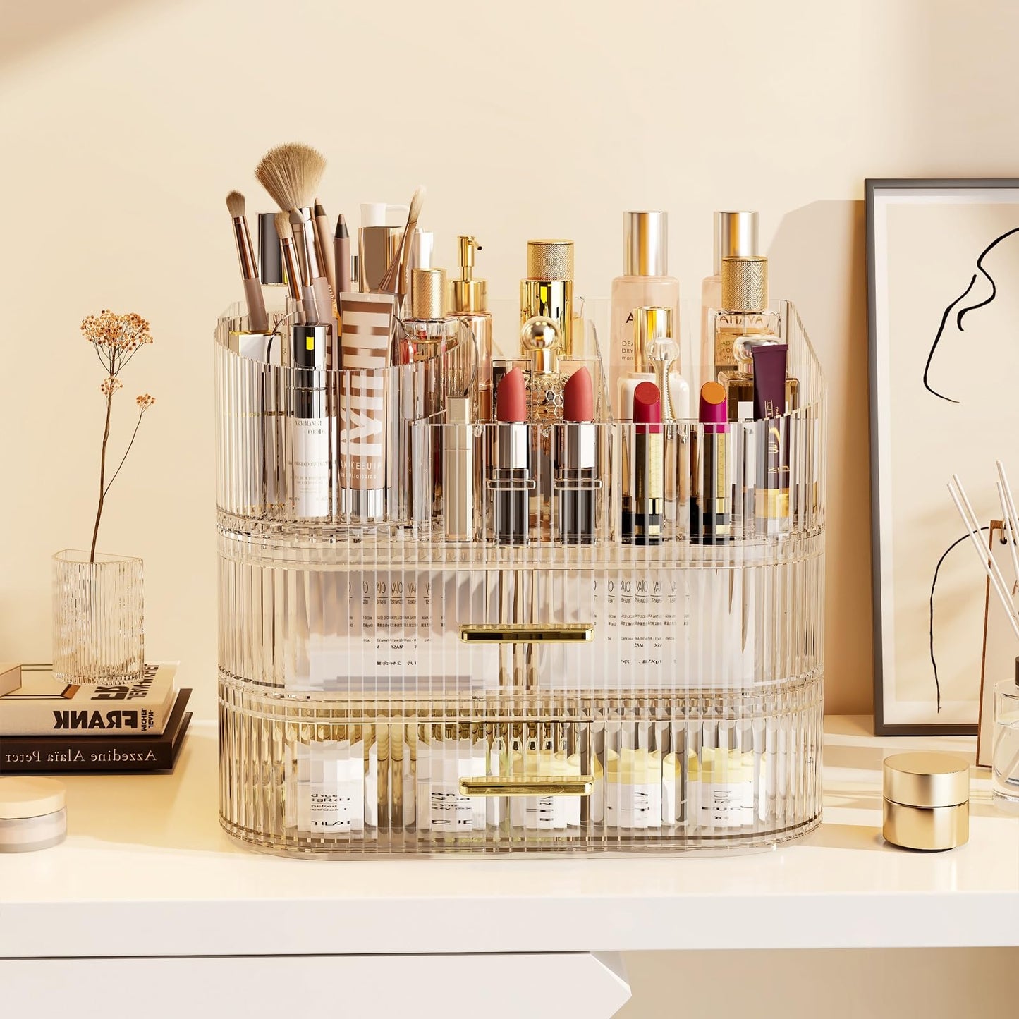 SpaceLuxe Large Makeup Organizer with Drawers, 360° Rotating Brush Holder