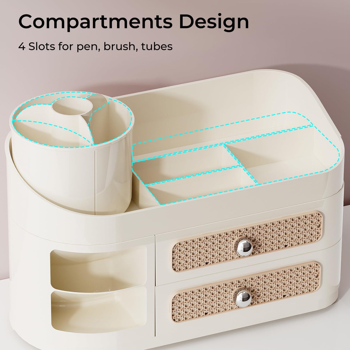 UFORU Makeup Organizer with Rotating Brush Holder, Bathroom Countertop Organizer with 2 Drawers, Easy to Store Hair Brush, Lipsticks, Perfumes, Skincare, Beige