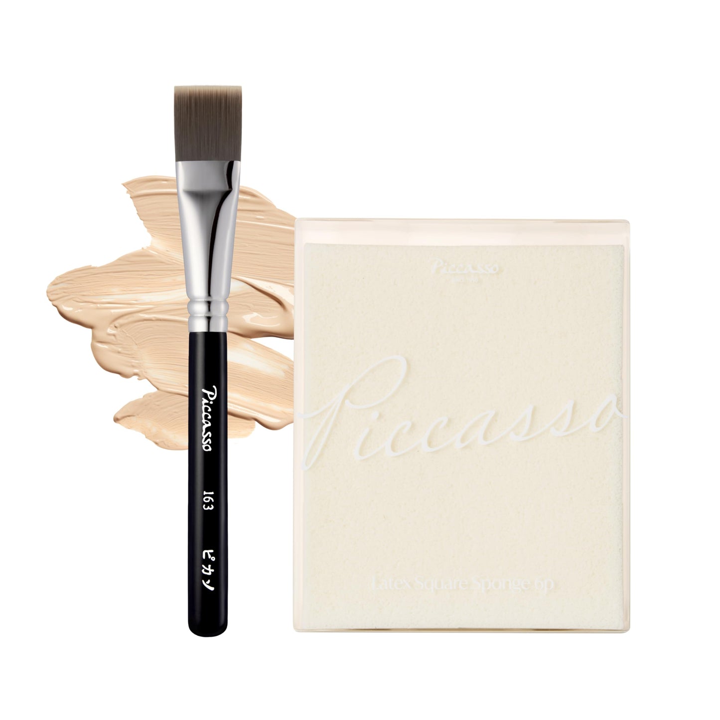Piccasso Flawless Adherence Set – 163 Foundation Brush + 6P Latex Round Makeup Sponges, Korean Beauty Tools for Natural Glow & Smooth Base, Perfect for Dewy or Matte Finish