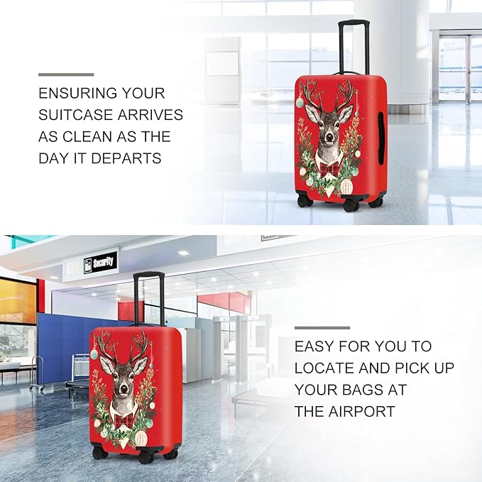 Reindeer Christmas Luggage Cover - Red Background with Wreath and Ornaments, Elegant Holiday Suitcase Protector for 18 20 22 Inch Travel