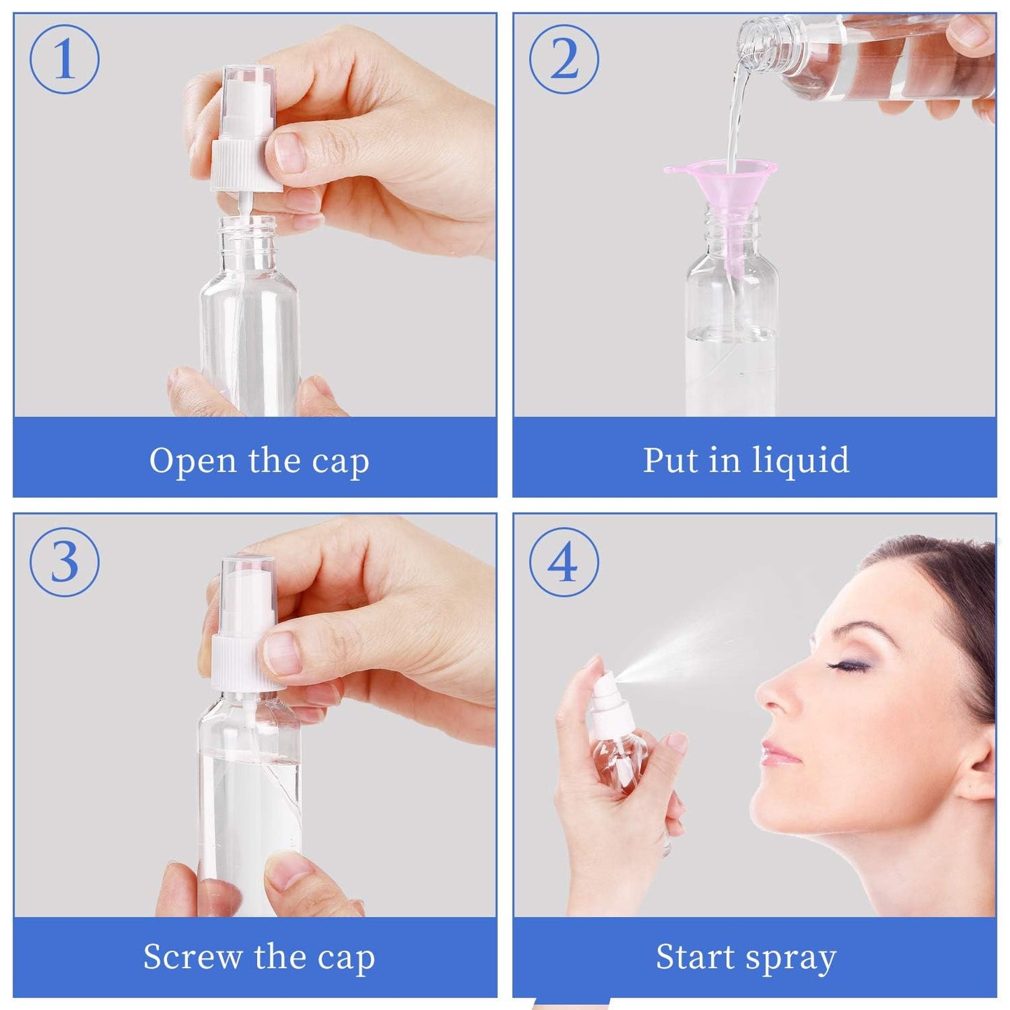24 Pcs Spray Bottles 2oz / 55ml Clear Empty Mini Spray Bottles Refillable Container Pocket Size Sprayer Set Essential Oils Travel Cleaning Makeup Bottles with 2pcs Funnels 32pcs Labels