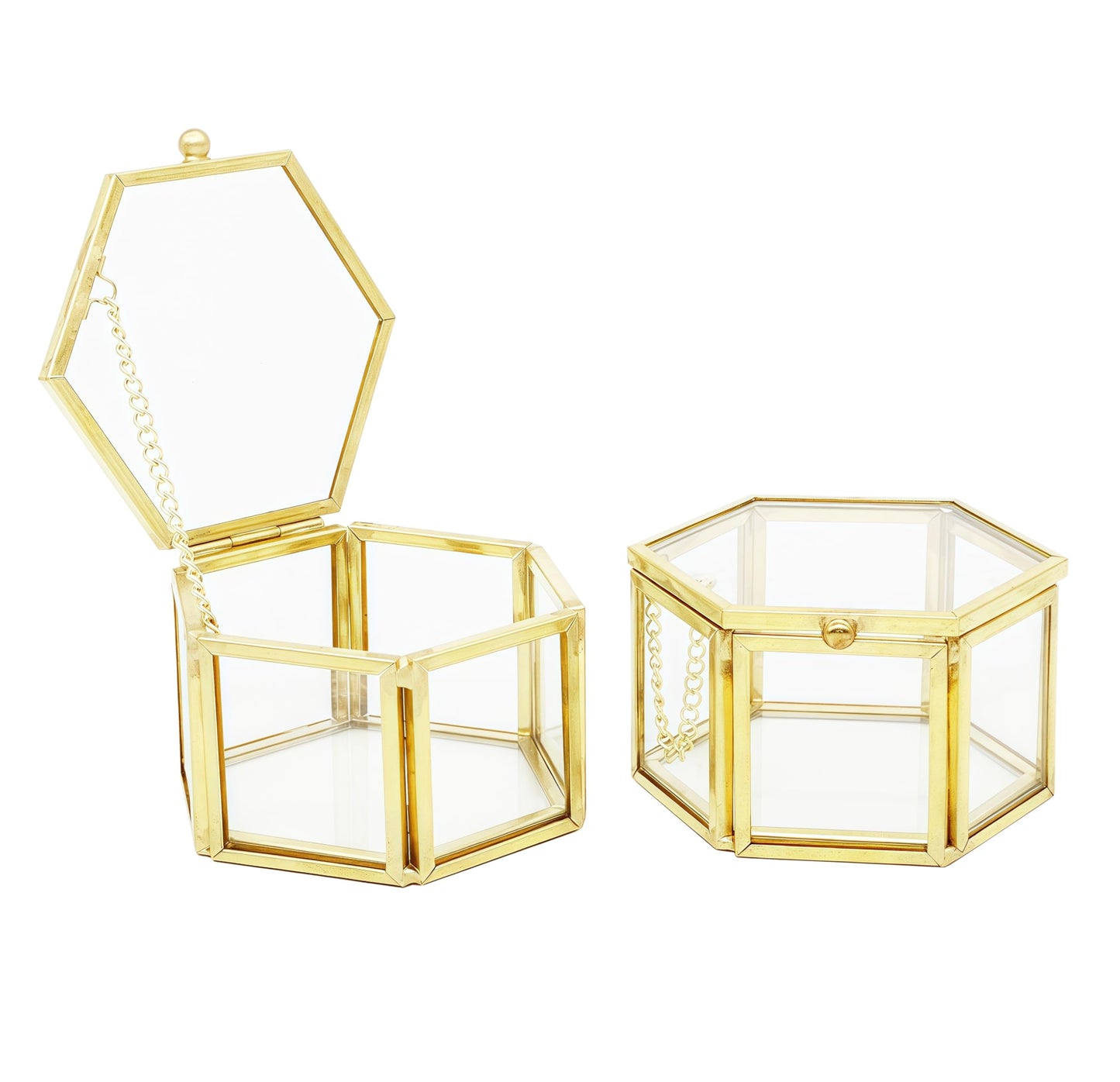 JIARI Glass Jewelry Box Small Gold Hexagonal Decorative Box Ring Earring Display Keepsake Box Case Box for Storage (Small 2 Pack)