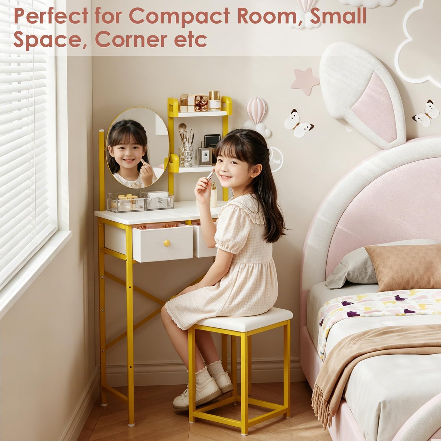 X-cosrack 19.7"W Golden Small Vanity Desk Set with Adjustable Oval Mirror & Stool for Small Space, Mini Cute Cheap Makeup Vanity Table with Opening Shelves, Drawers for Teens Kids Girls Corner Bedroom
